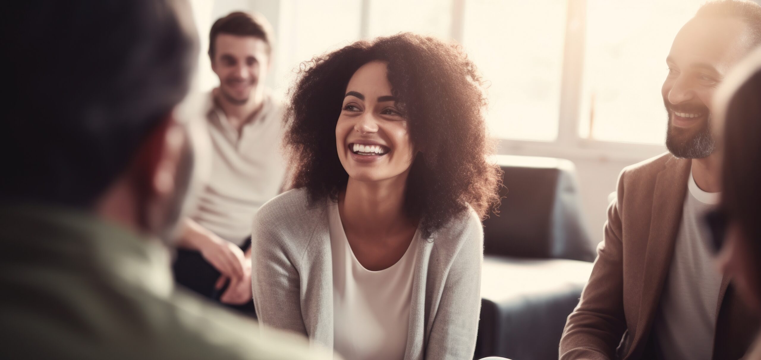 group of people smiling and talking